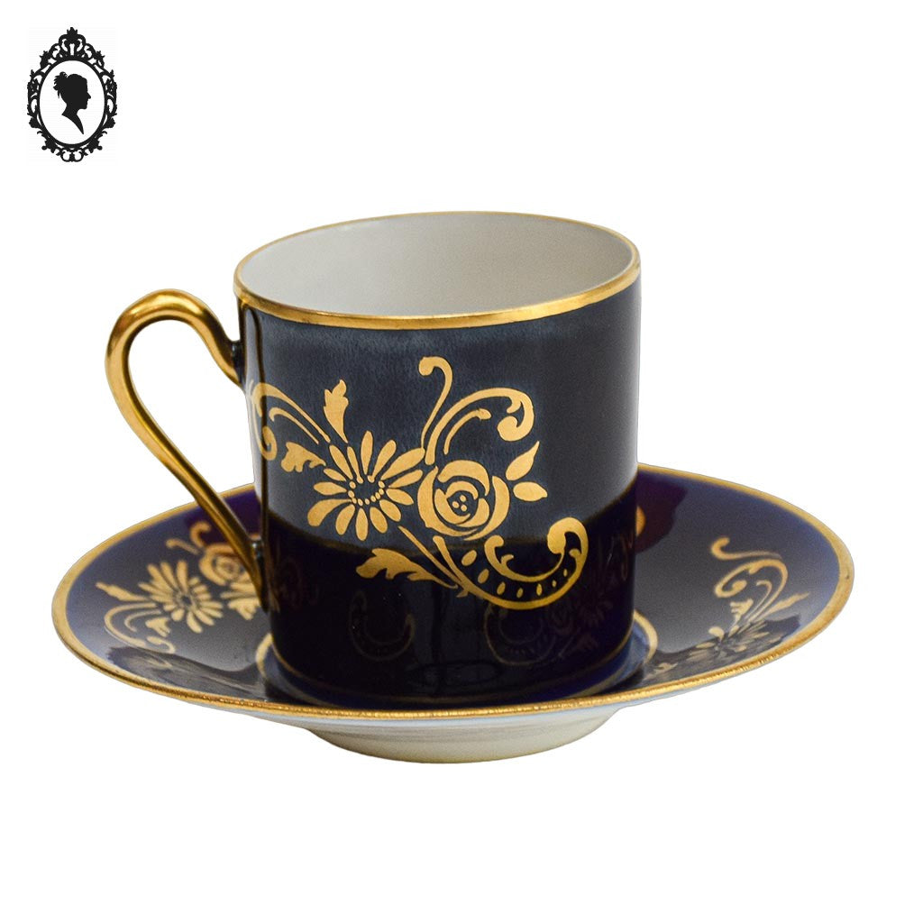 Tasse et sous tasse porcelaine bleu cobalt or Limoges