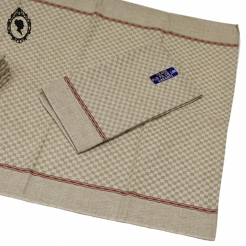 Torchon tramé pur fil de lin beige à liteau rouge ancien et Neuf