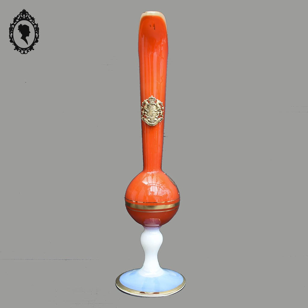 Vase soliflore sur pied anse opaline verre opalescent blanc et orange