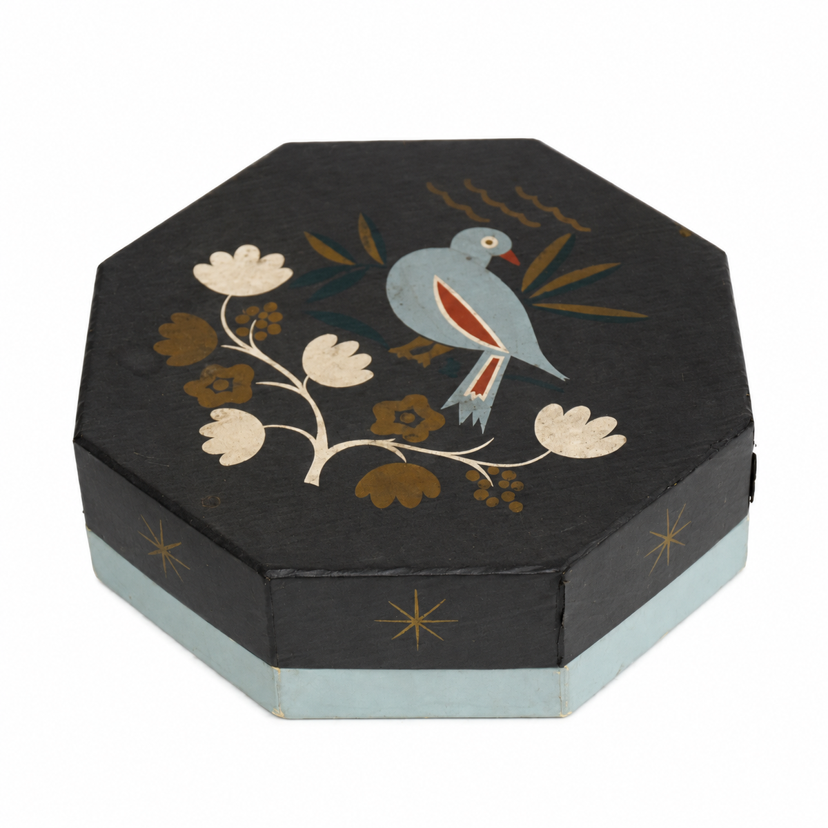 Boîte ancienne octogonale décor d’oiseau et de fleurs style art déco mais date de 1955