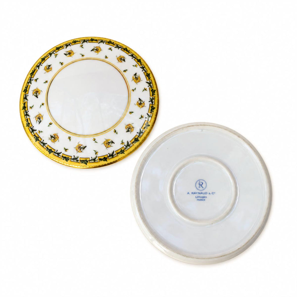 Boîte bonbonnière ronde en porcelaine Raynaud Limoges, fleurs jaunes or