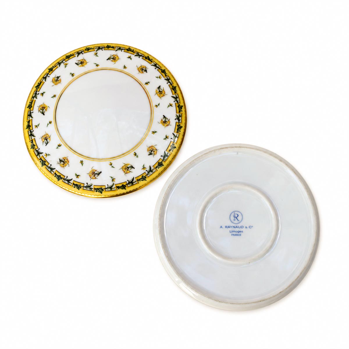 Boîte bonbonnière ronde en porcelaine Raynaud Limoges, fleurs jaunes or