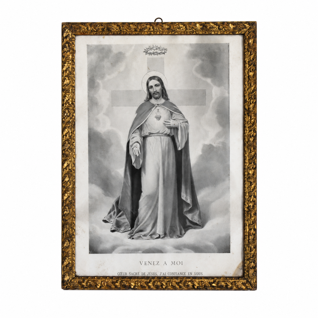 Cadre ancien religieux ancien doré – Sacré-Cœur de Jésus « Venez à moi » 26 x 36 cm