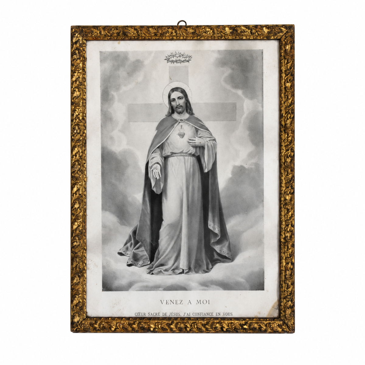 Cadre ancien religieux ancien doré – Sacré-Cœur de Jésus « Venez à moi » 26 x 36 cm
