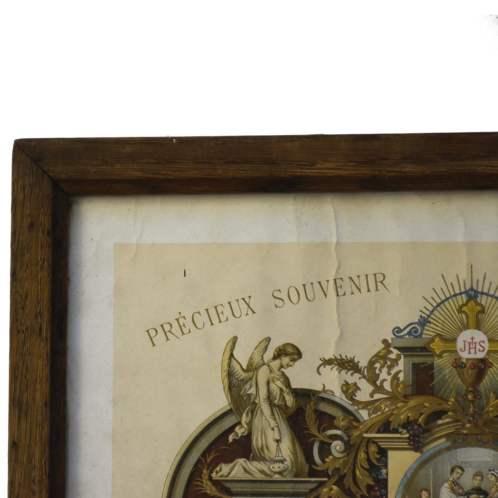 Cadre en bois avec un Souvenir certificat religieux de communion solennelle 1922 — Bouasse-Lebel