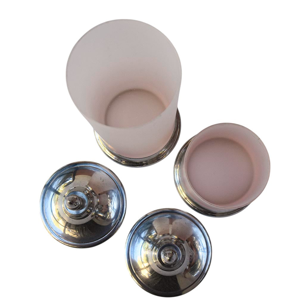Duo de pots décoratifs bonbonnières verre mat rosé avec couvercle en étain vintage