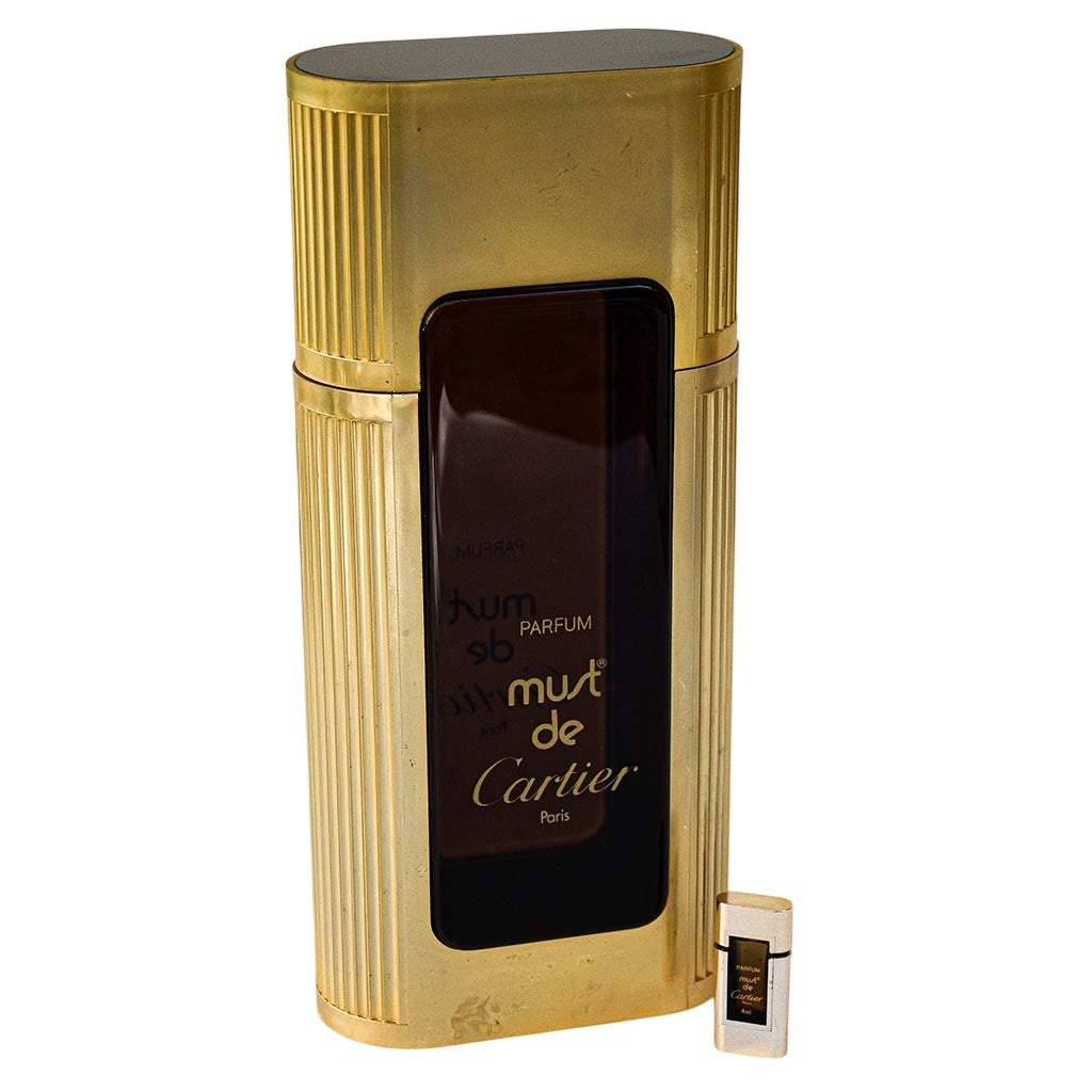 Flacon factice géant Must de Cartier 34,5 cm + miniature 4 ml vide pour collection