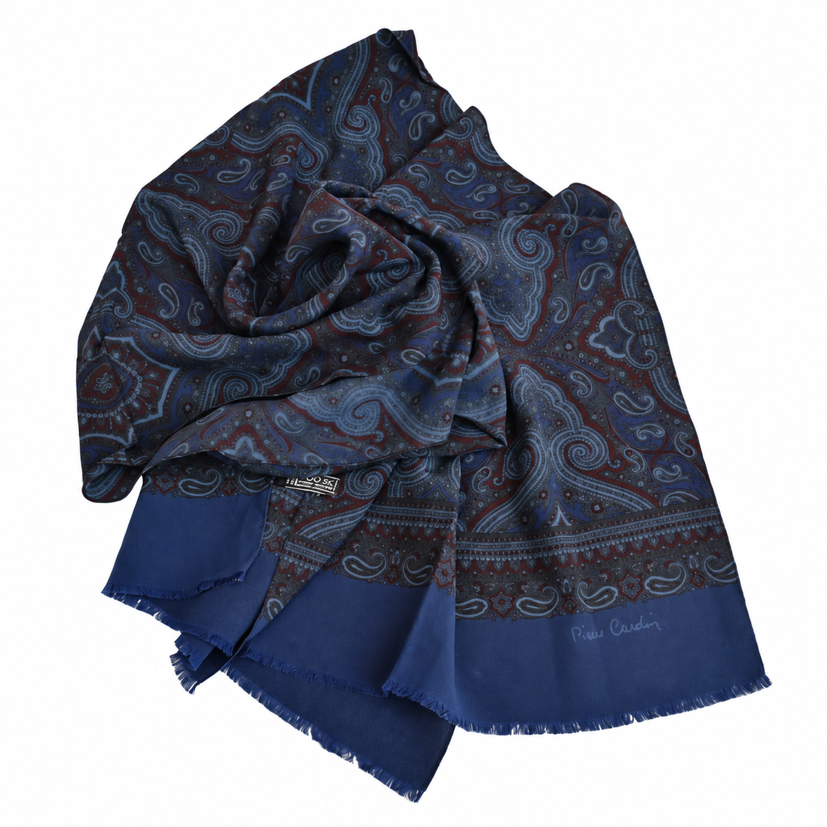 Foulard Pierre Cardin 100 % soie bleu marine à motifs cachemire Made in Italy