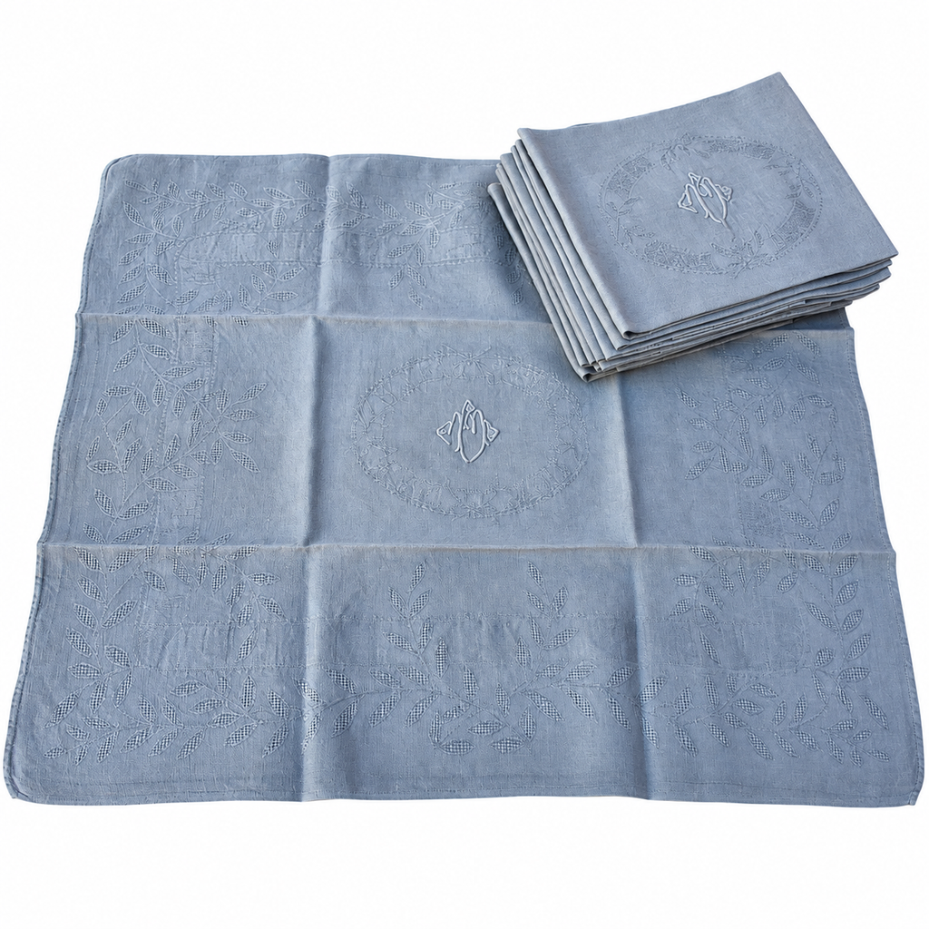 Lot de 12 grandes serviettes anciennes damassées teintes grise bleuté, monogramme brodé – 60 × 75 cm