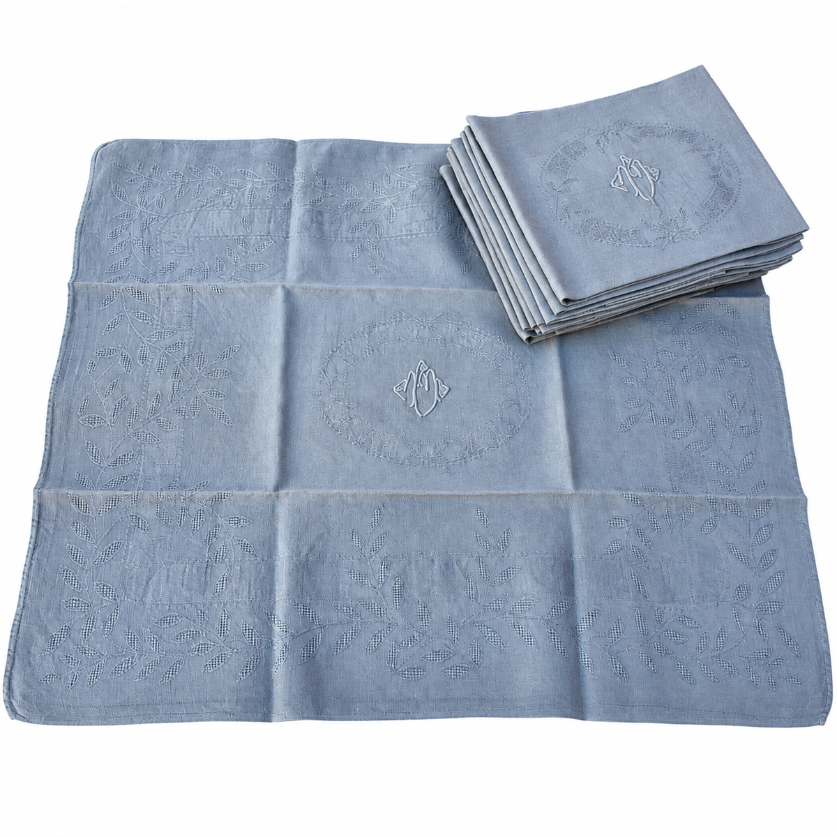 Lot de 12 grandes serviettes anciennes damassées teintes grise bleuté, monogramme brodé – 60 × 75 cm