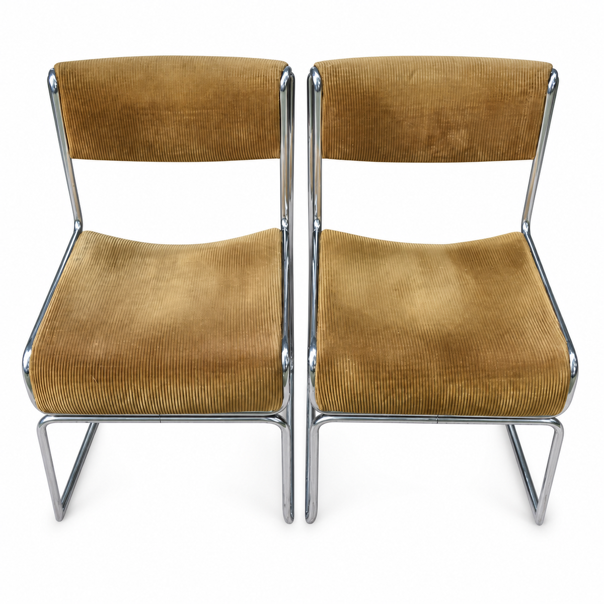 Paire de chaises traîneaux en velours côtelé ocre et métal tubulaire chromé vintage 1970
