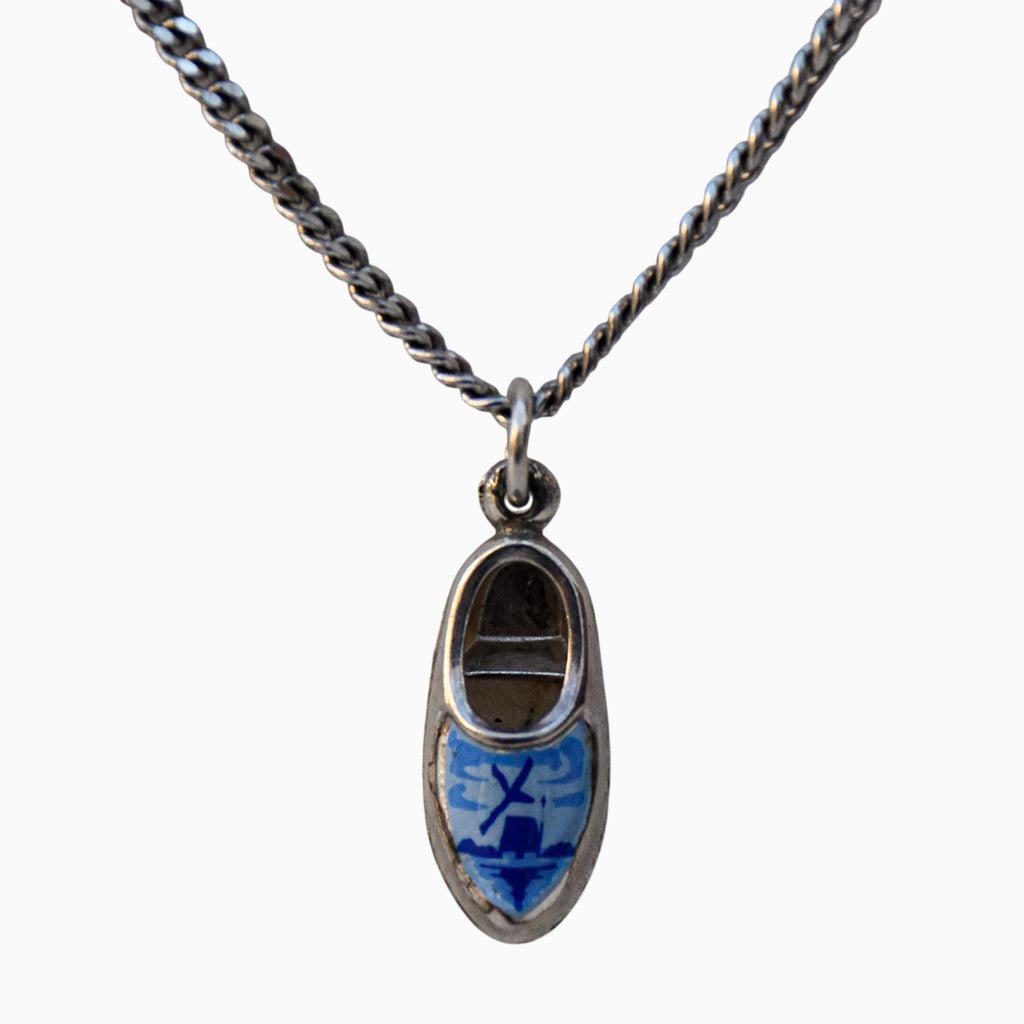 Parure en argent sabots bleu et blanc style Delft hollandais – Collier pendentif chaîne et boucles d’oreilles