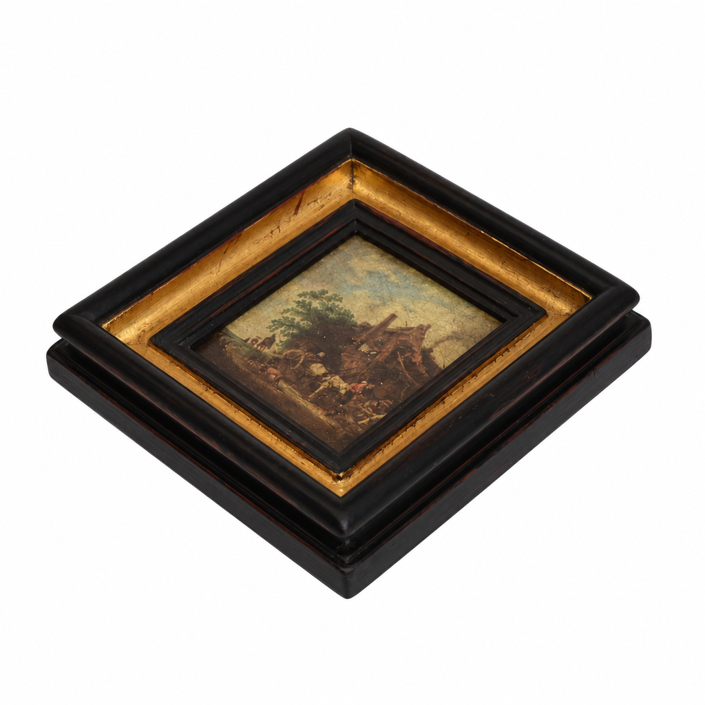 Petit tableau scène d’auberge – Cadre noir et doré bois vintage, style Napoléon III