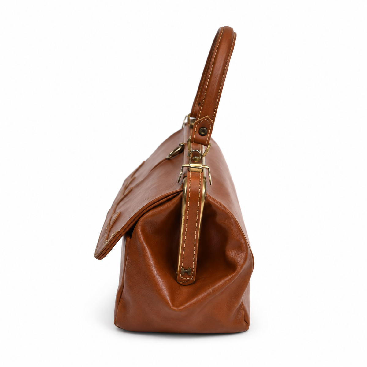 Sac à main vintage en cuir cognac à fermoir métallique et poches frontales