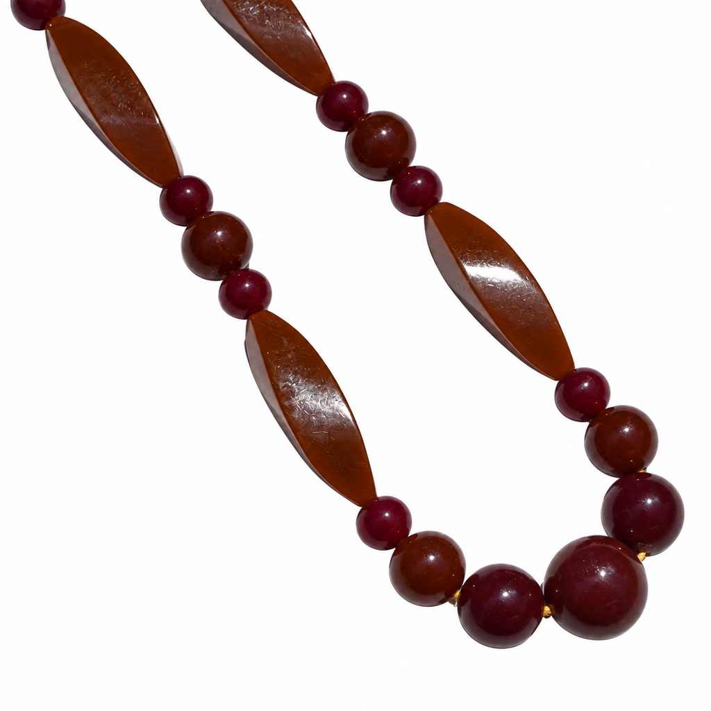 Sautoir perles en bakélite bordeaux et caramel – Art déco, 79,5 cm ancien vintage