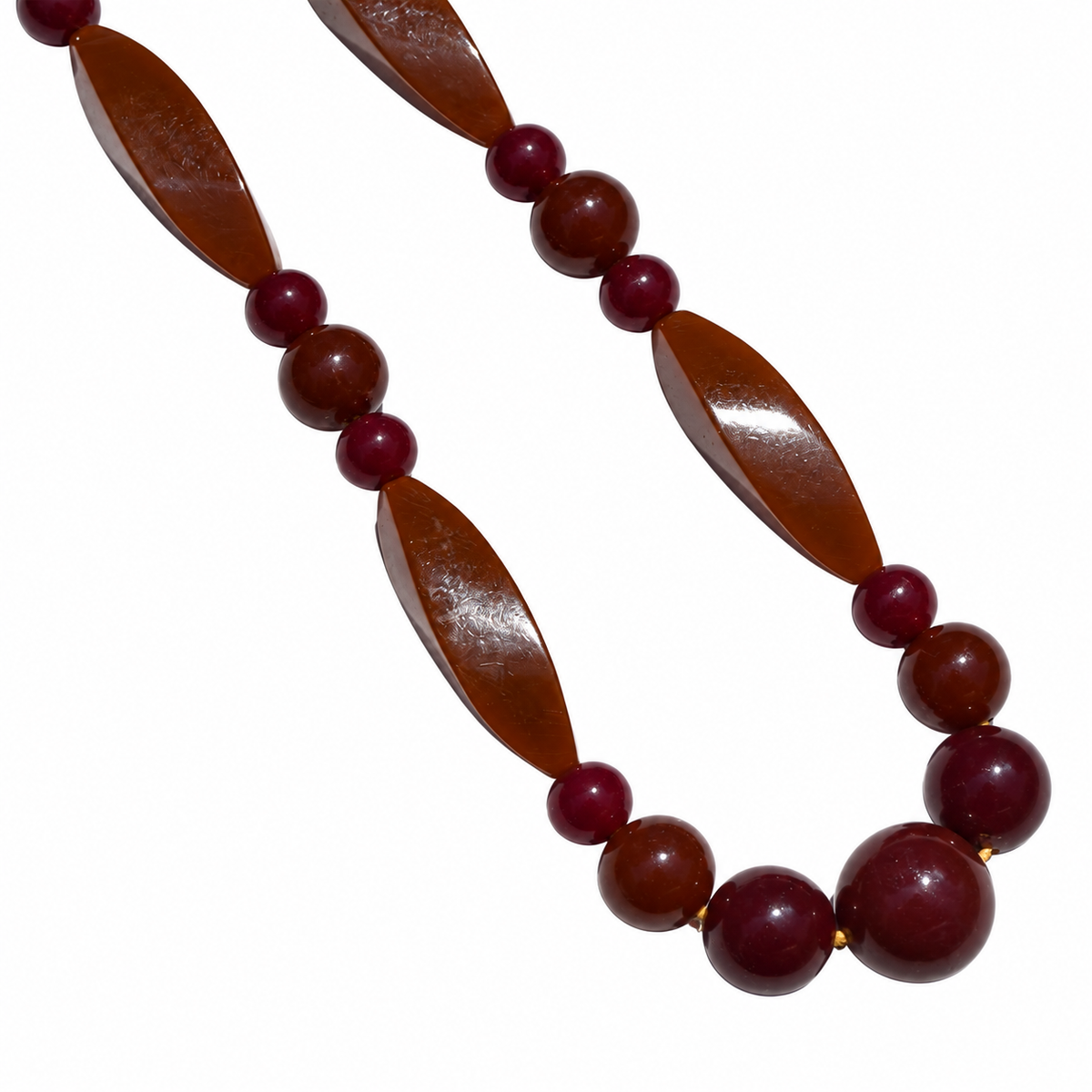 Sautoir perles en bakélite bordeaux et caramel – Art déco, 79,5 cm ancien vintage