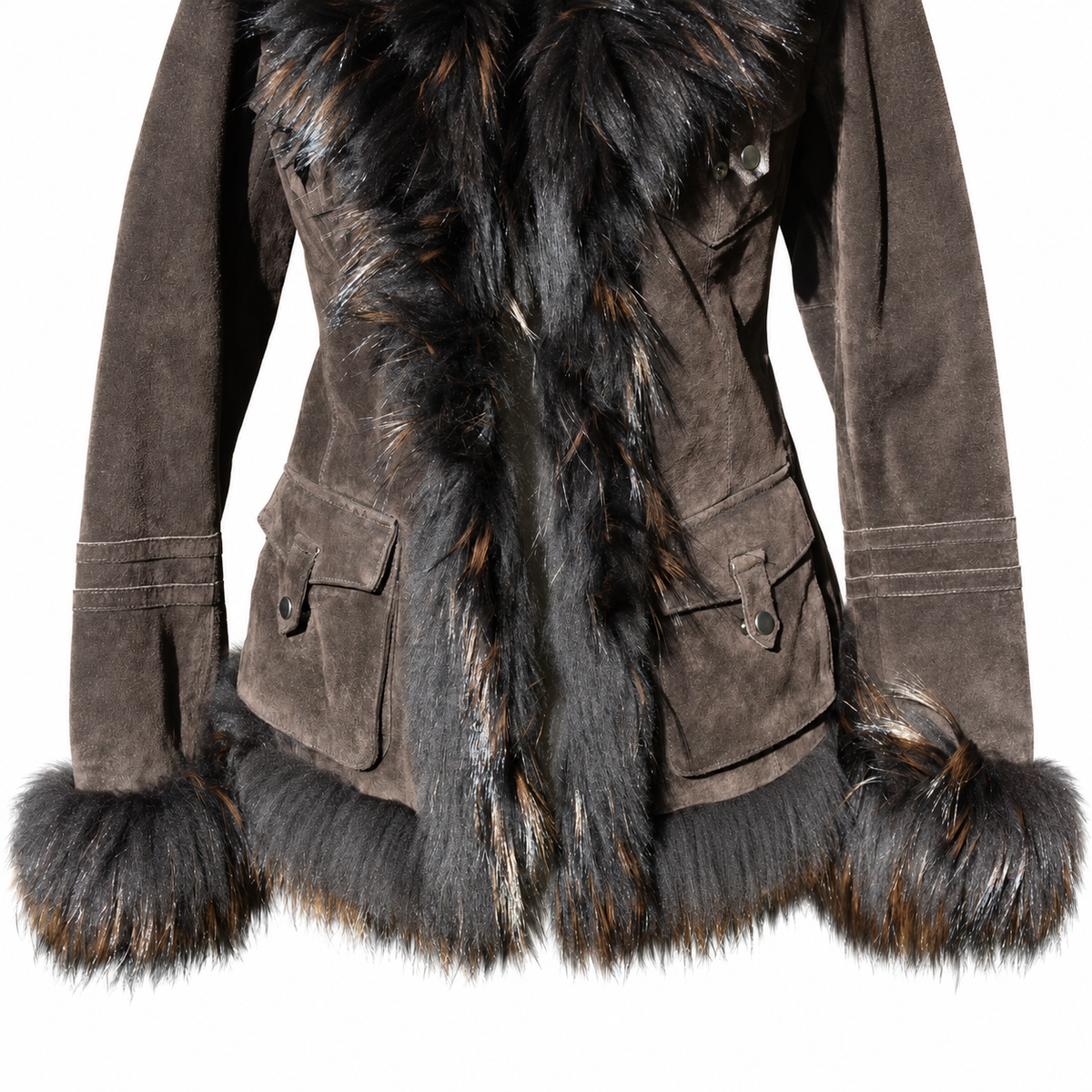 Superbe veste Oakwood en daim cuir marron et fourrure cintrée et ceinturée taille S
