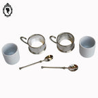 2 Tasses à café porcelaine avec support métal et cuillères vintages