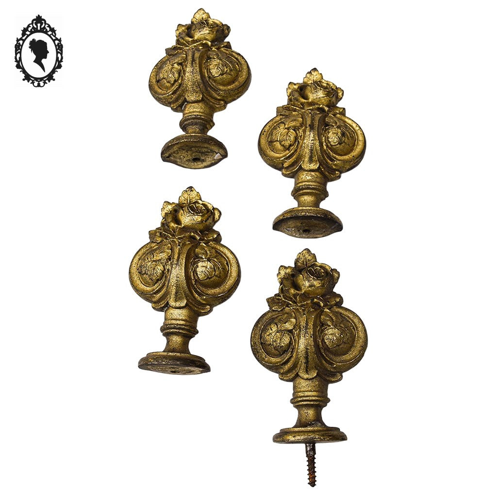 2 paires d’embouts de rideau anciens ornementations rose feuillage Art déco bronze doré