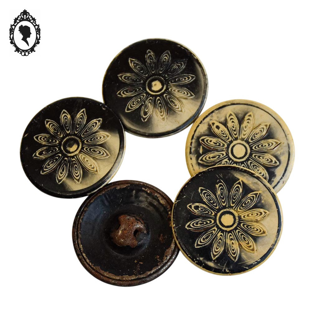 5 boutons fer anciens noir fleur beige ronds à queues collection D 3,5 cm