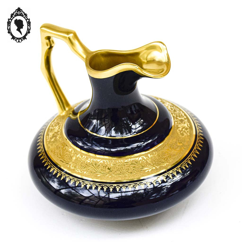 Aiguière saucière vase pot en porcelaine de Limoges bleu cobalt doré