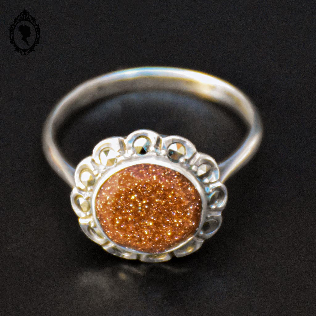 Bague argent pierre orange gold stone marcassites T 54 ancienne vintage