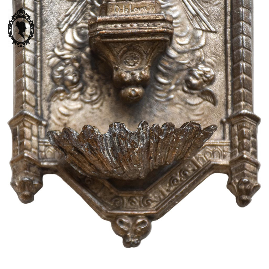 Bénitier en métal régule gris vierge Marie Lourdes vintage ancien