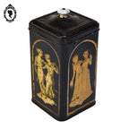 Boite ancienne à biscuits ou autre en fer art déco Art nouveau noir doré poignée porcelaine collection