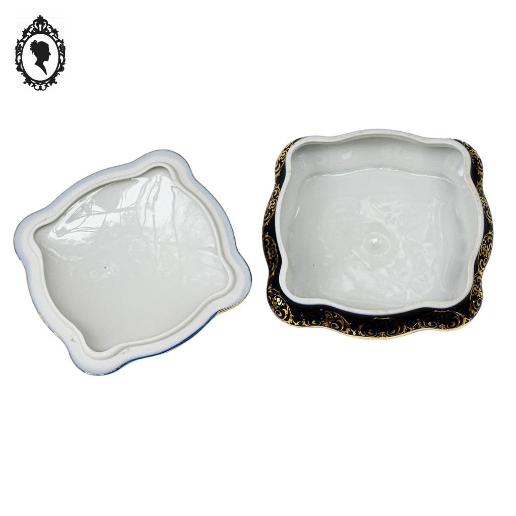 Bonbonnière boite à bijoux bleu de four doré or porcelaine Limoges