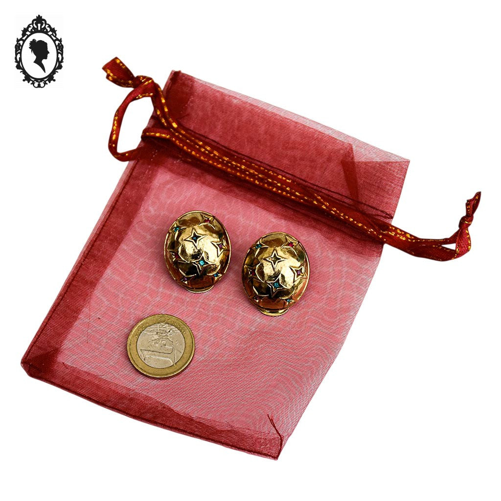 Boucles d’oreille boule ovale dorée étoiles et strass à clip vintages