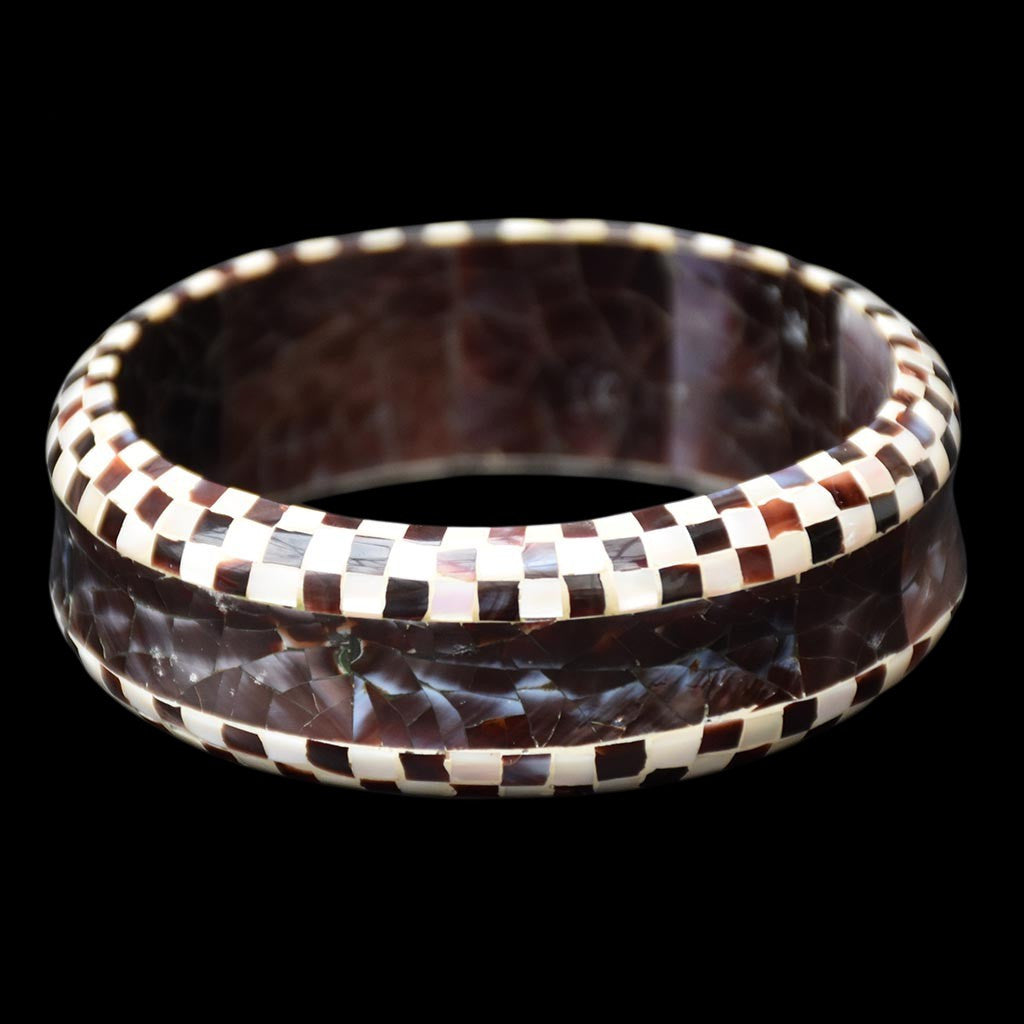 Bracelet jonc damier nacre marron beige vintage