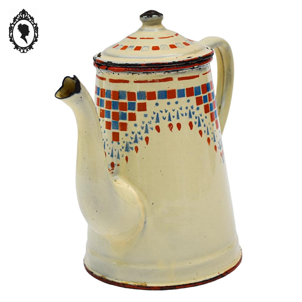 Cafetière émaillée ancienne beige bleu rouge orangé style Lustucru objet de cuisine vintage