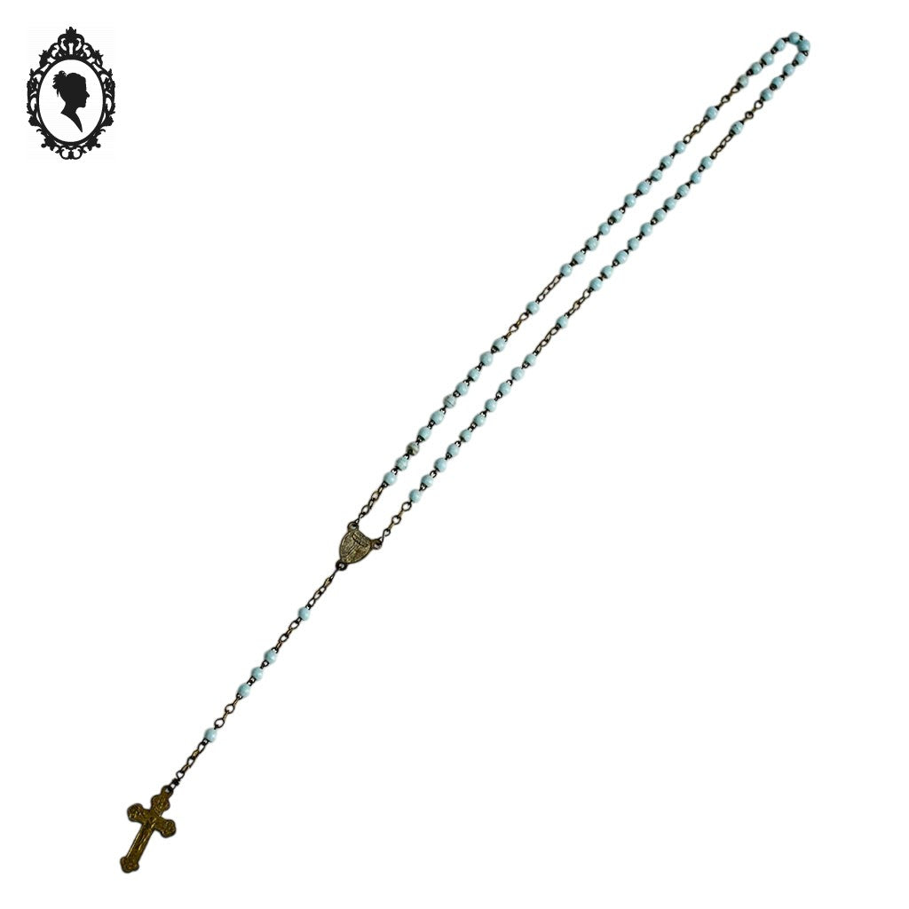 Chapelet rosaire Lourdes en perles bleu pastel objet religieux