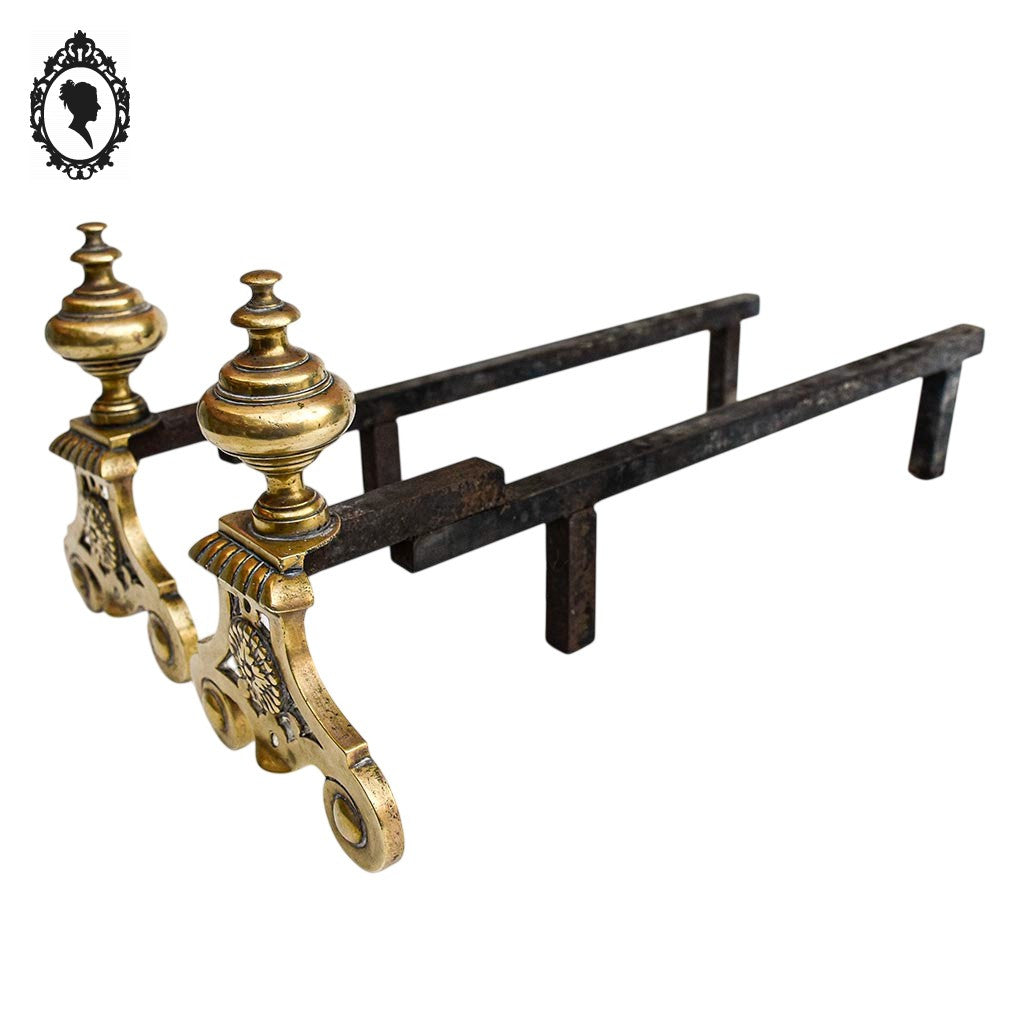 Chenets longs en bronze doré boule arabesques arrondies accessoire de cheminée ancien