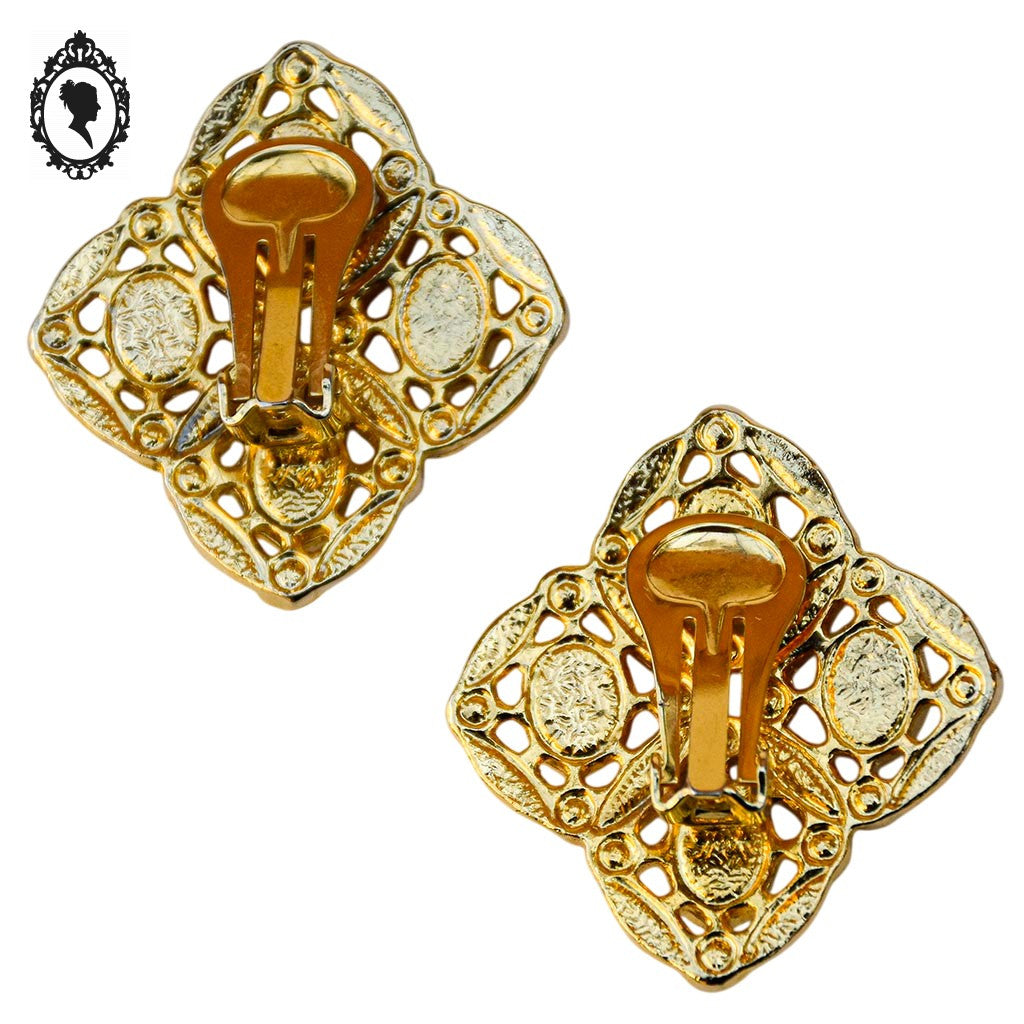 Boucles d’oreilles clips métal doré losange perles cabochon vintage