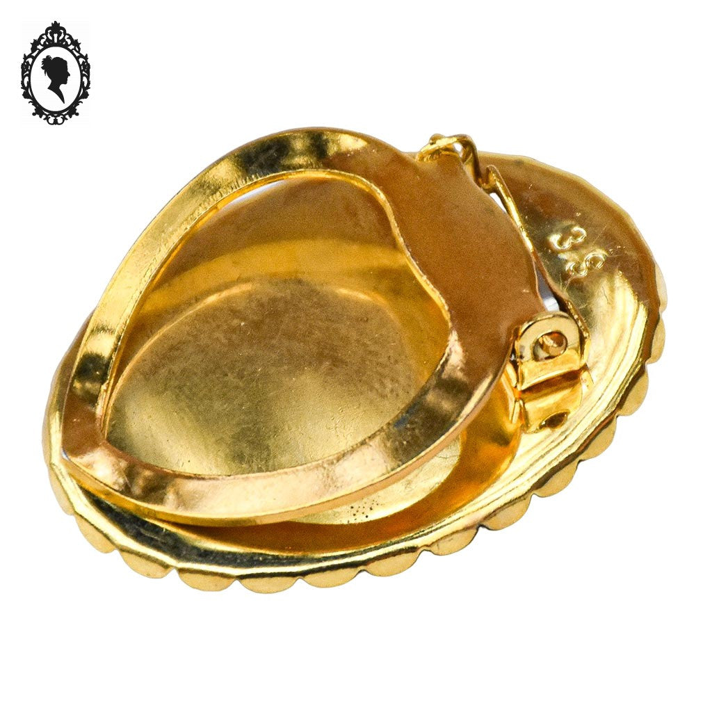 Chic broche attache à foulard camée fleurie noir beige sur métal doré bijou fantaisie
