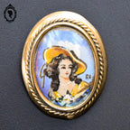 Chic broche peinture ovale portrait signée RC et laiton doré bijoux ancien vintage