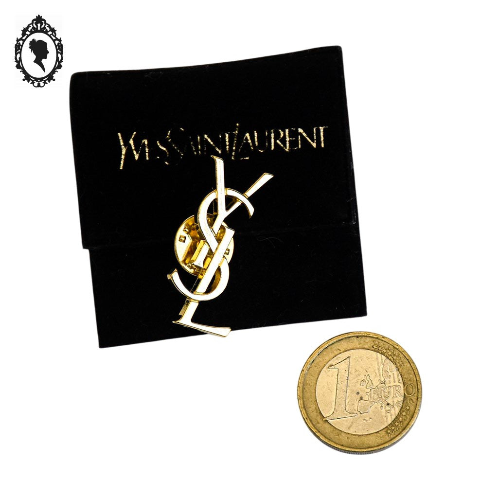 Chic broche pin’s logo initiales YSL d’Yves Saint Laurent Paris bijou doré vintage