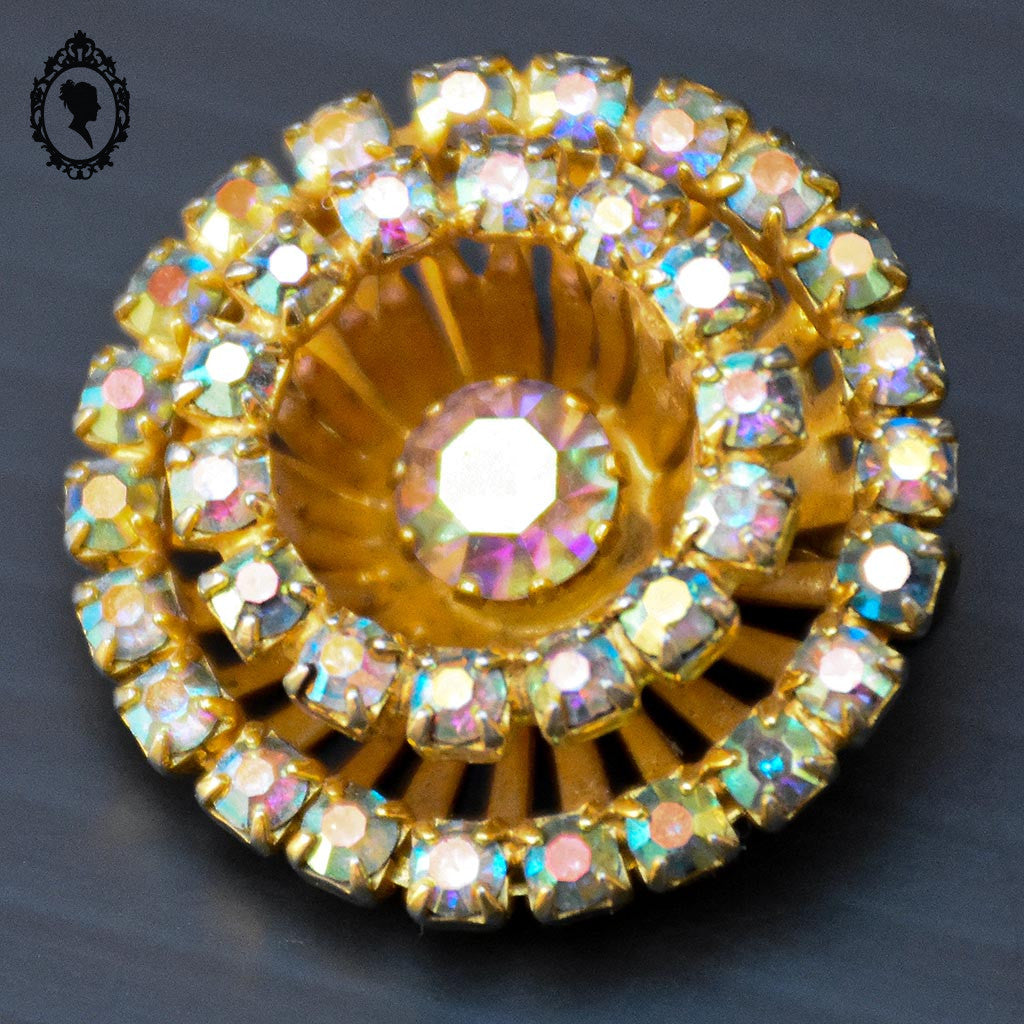 Chic broche strass cristal aurore boréale multi couleur ronde métal doré bijoux ancien vintage
