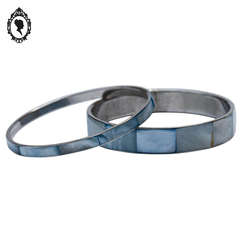 Chic ensemble de 2 bracelets joncs nacre bleue métal vintage