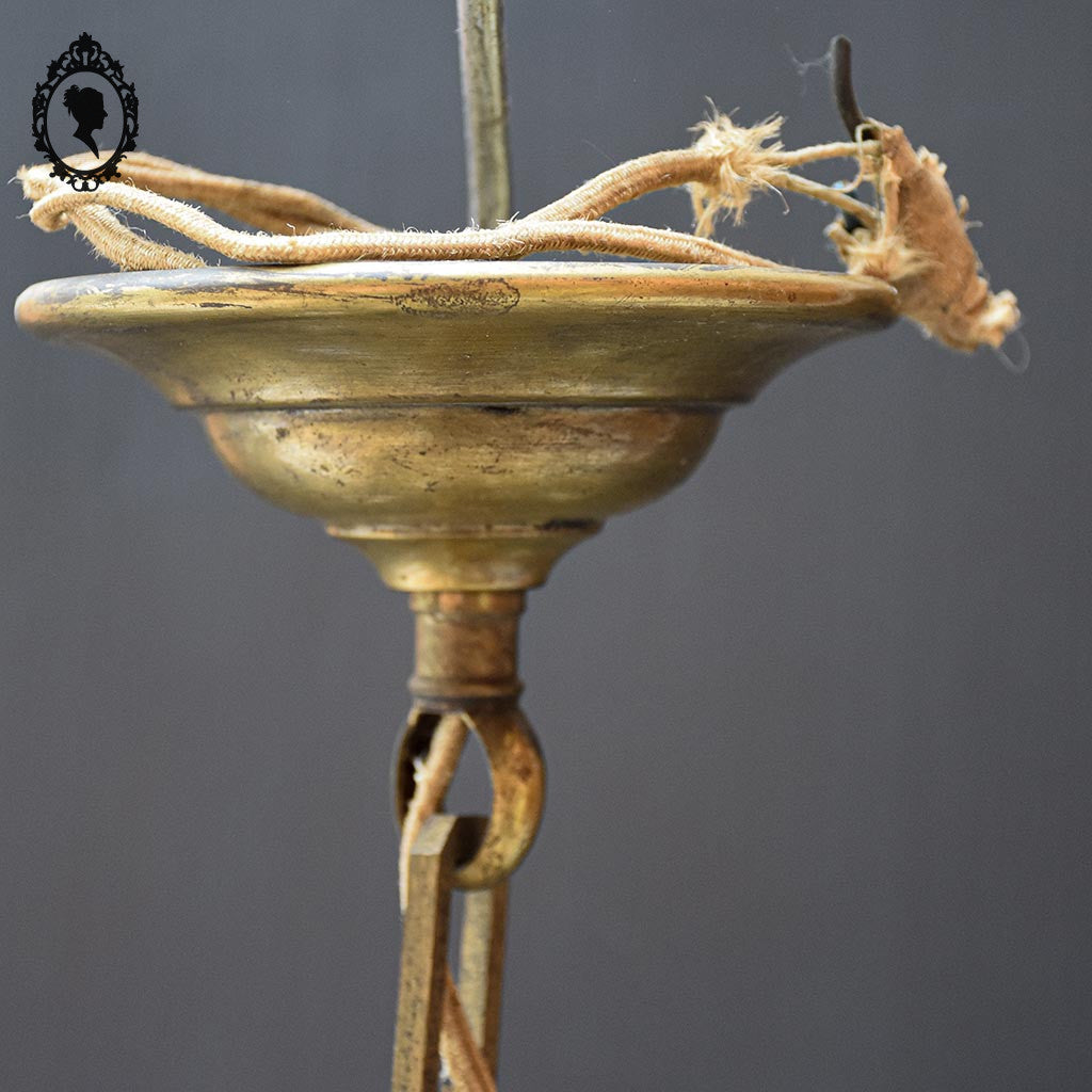 Chic lustre à pampilles bronze doré 6 feux enfilage verre ancien
