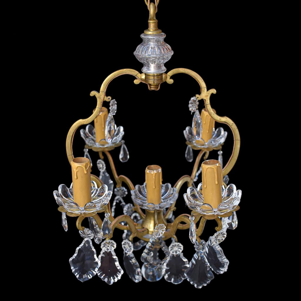 Chic lustre cage à pampilles en bronze doré 5 feux ancien vintage