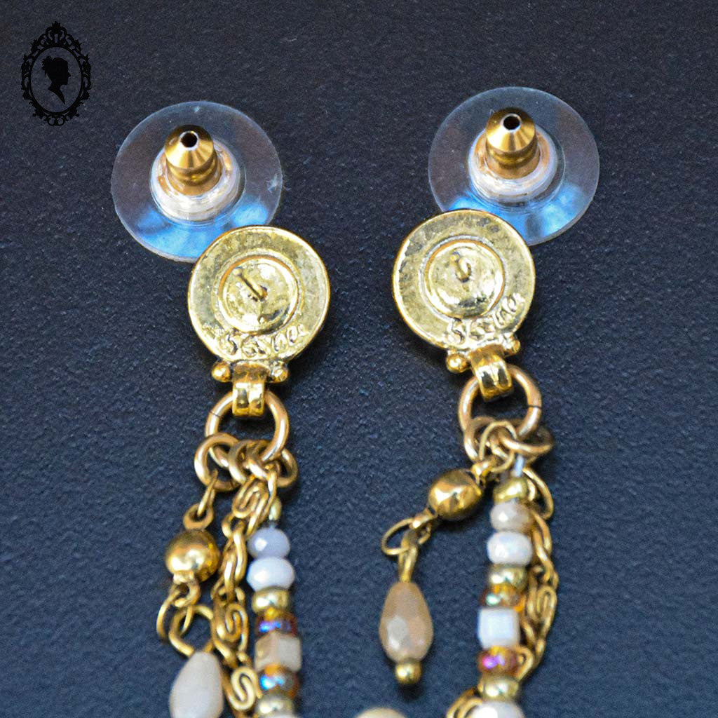 Chic paire de boucles d’oreilles percées pendantes beige doré bijoux Statu Quo