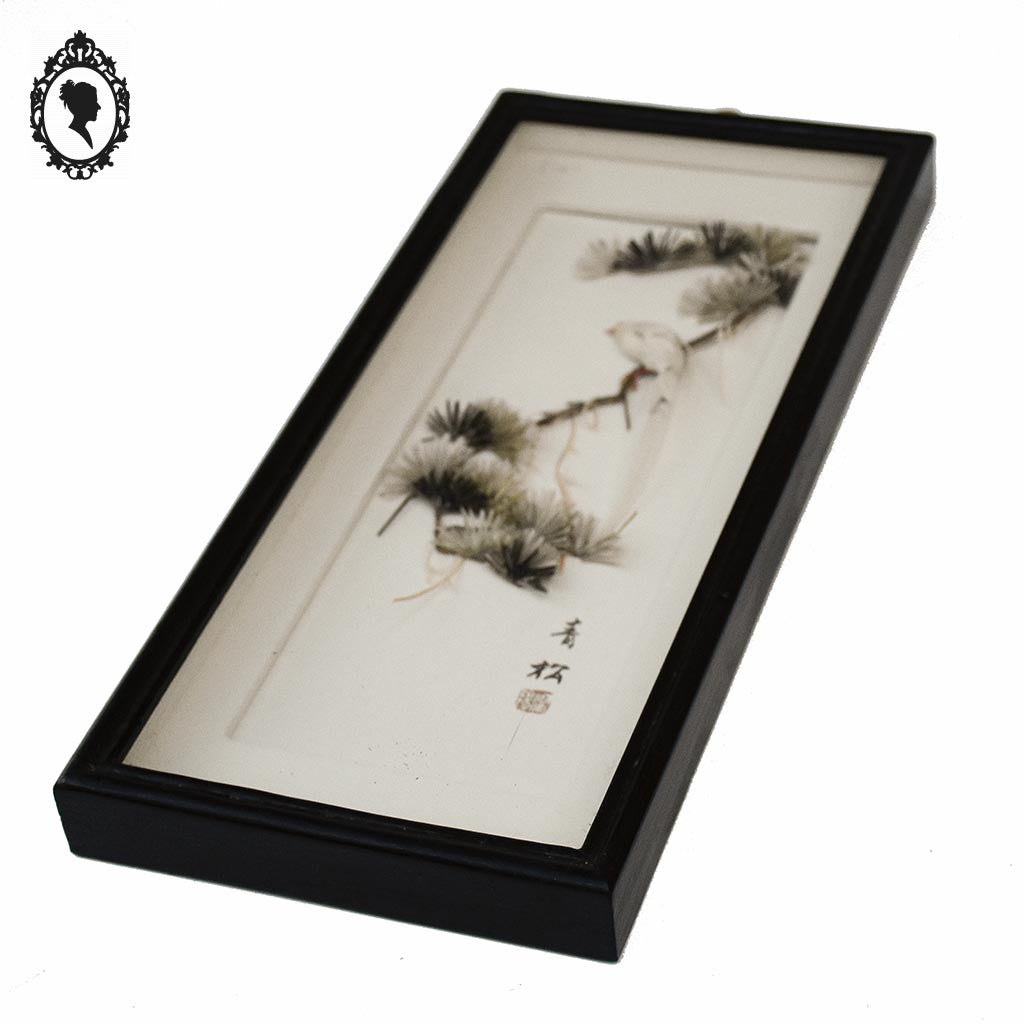 Chic tableau cadre à relief chinois asiatique blanc gris noir oiseau plume vintage