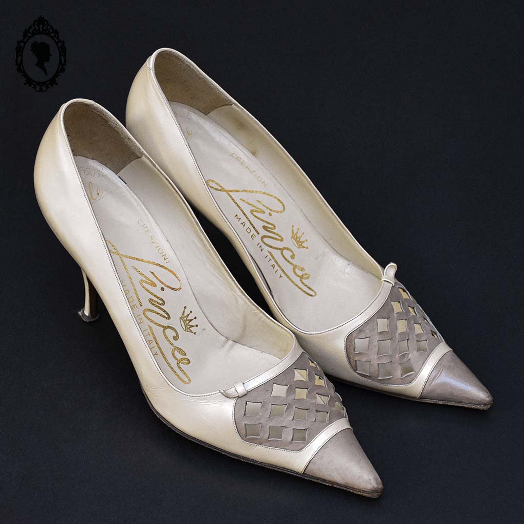 Chics escarpins à talon italien en cuir beige nacré Linca ou Limca P 36 vintage
