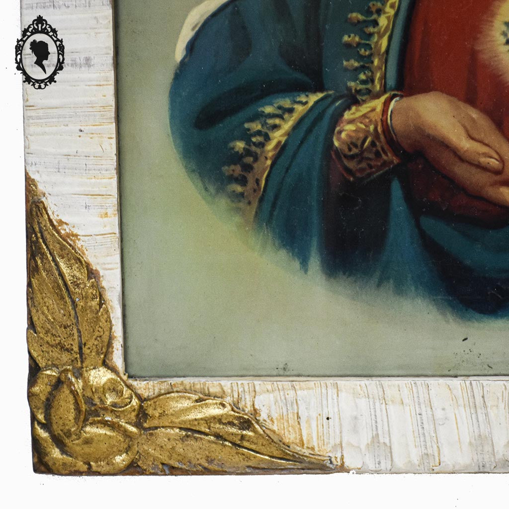 Chromo Sacré cœur de la Vierge Marie dans cadre bois sculpté beige et doré H 56 cm Art nouveau