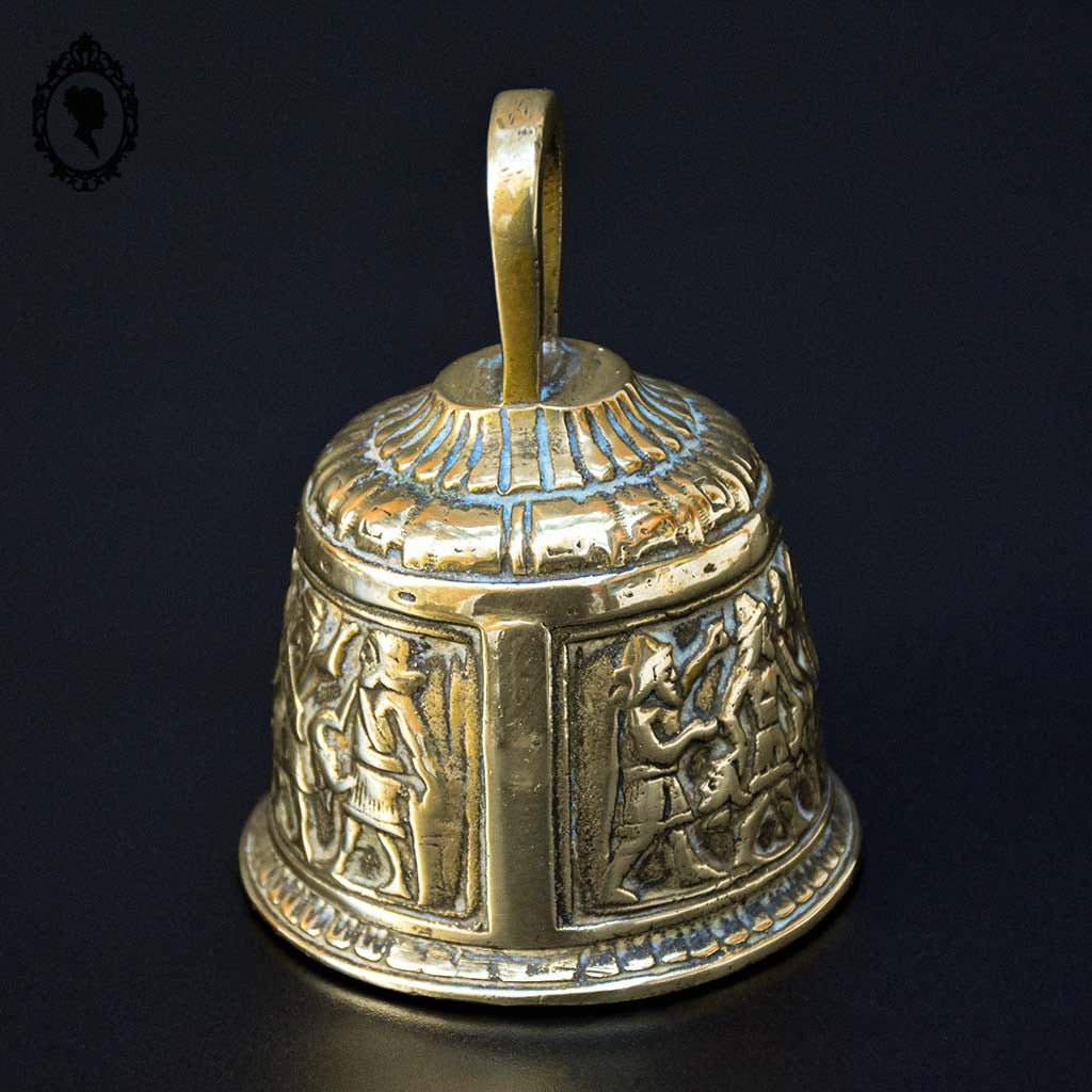 Cloche grelot, clochette de table bronze doré scène personnage vintage ancien