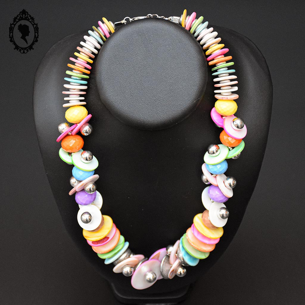 Collier Candy multicolore nacre rose orange jaune bleu vert vintage