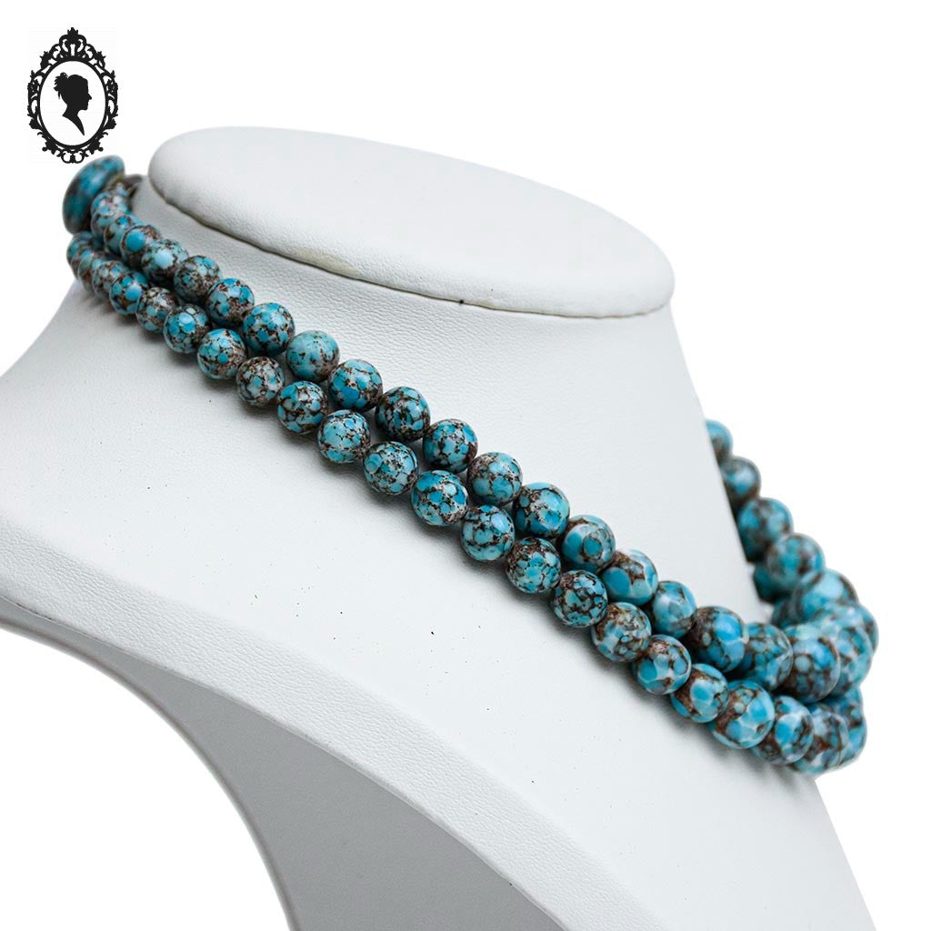 Collier ancien art déco 2 rangs de perles bleu porcelaine émaillée effet marbré