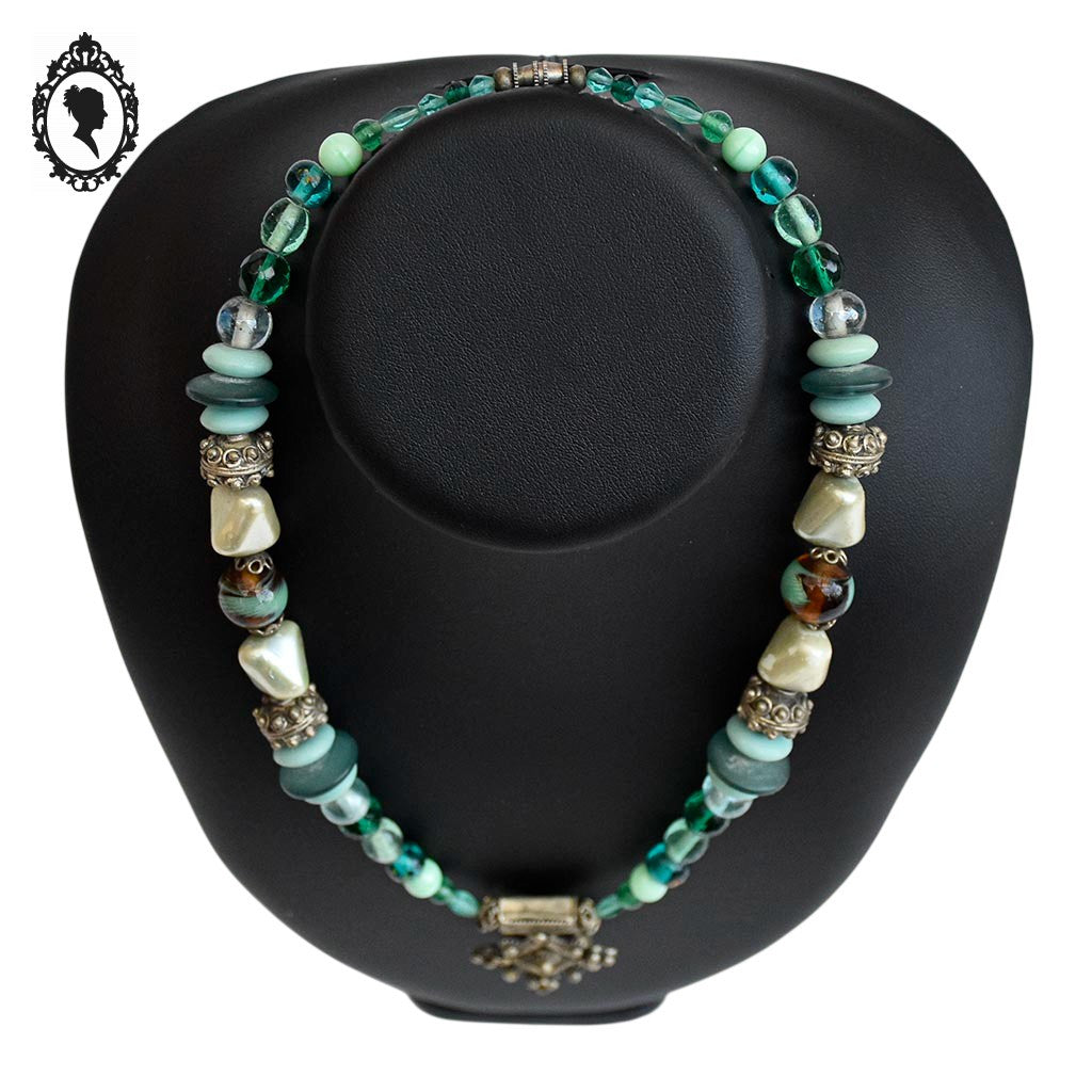Collier berbère croix du sud métal perles bleu vert vintage ancien